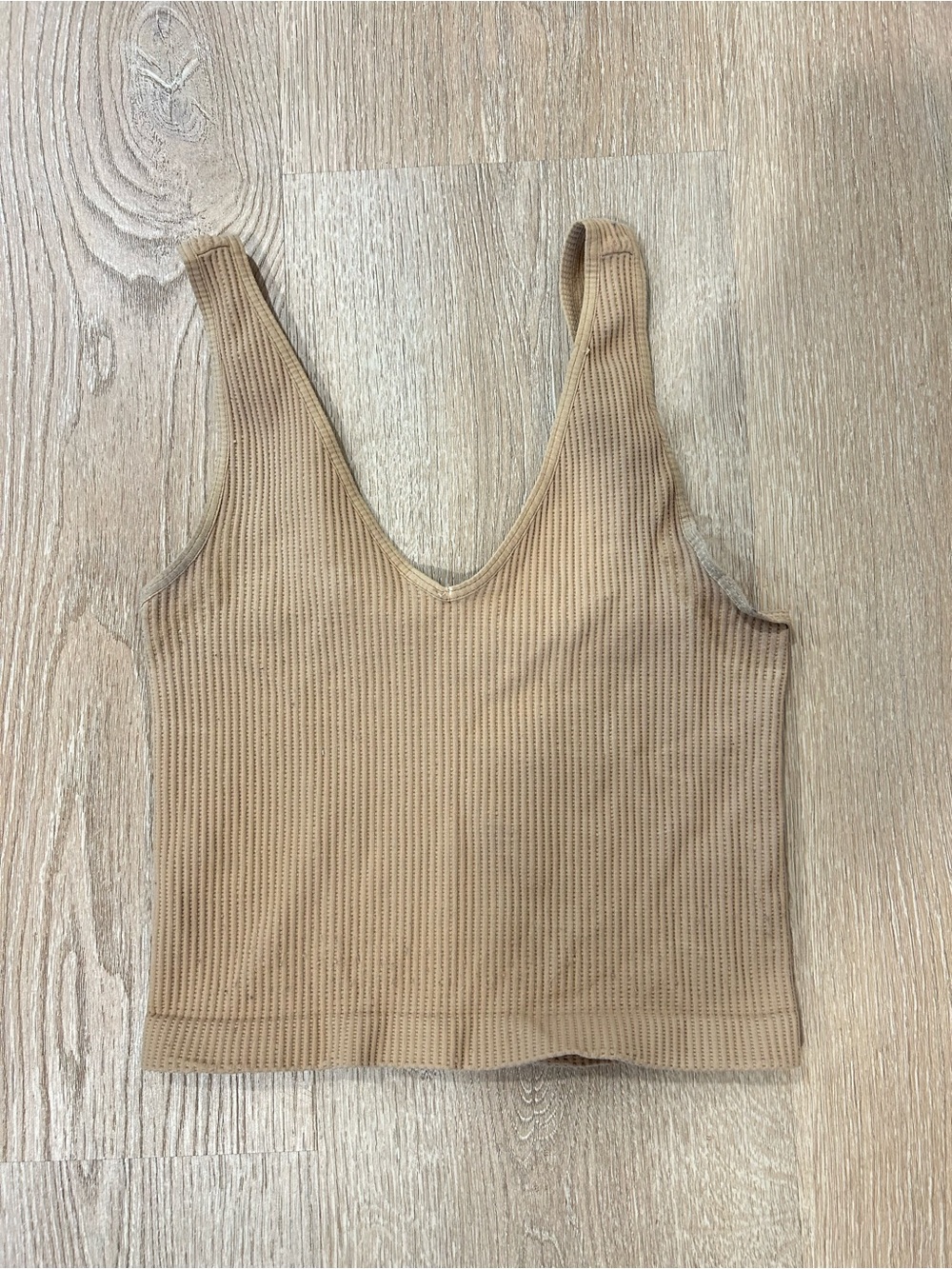 Nikibiki Ribbed V-Neck Crop Tank - Beige/Tan